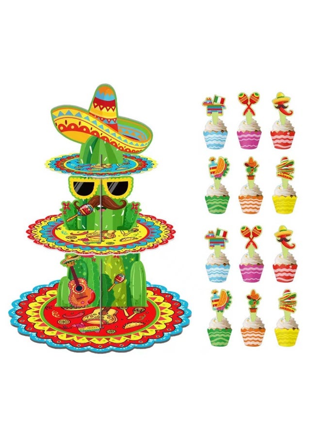 ILovhaprty 25pcs Mexican Fiesta Cake Decoration Set – 3-Tier Cinco de Mayo Cake Stand with Cupcake Wrappers and Cake Toppers, Cinco de Mayo Party Supplies for Mexican Fiesta Dessert Table Decorations - Image 2